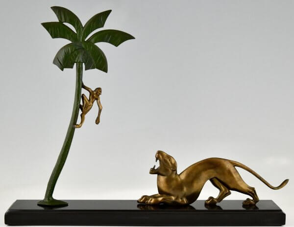 Art Deco bronze sculpture panther and monkey