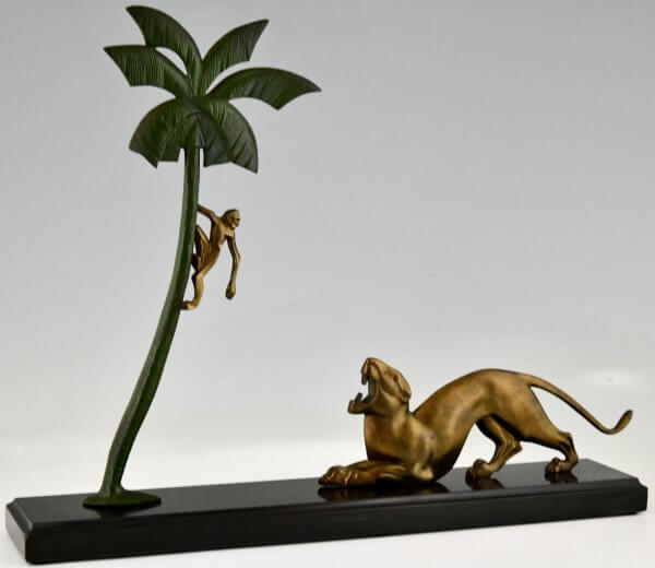 Art Deco Bronzeskulptur Panther und Affe