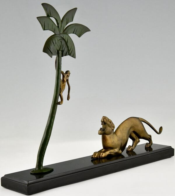 Art Deco bronze sculpture panther and monkey