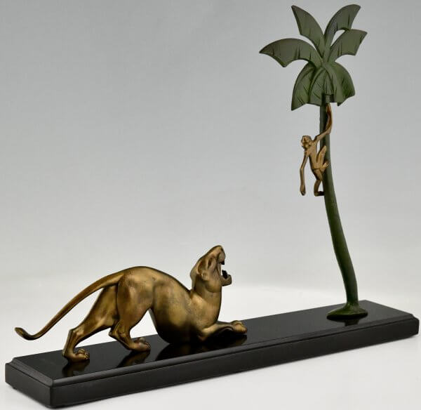 Art Deco bronzen sculptuur panter en aap