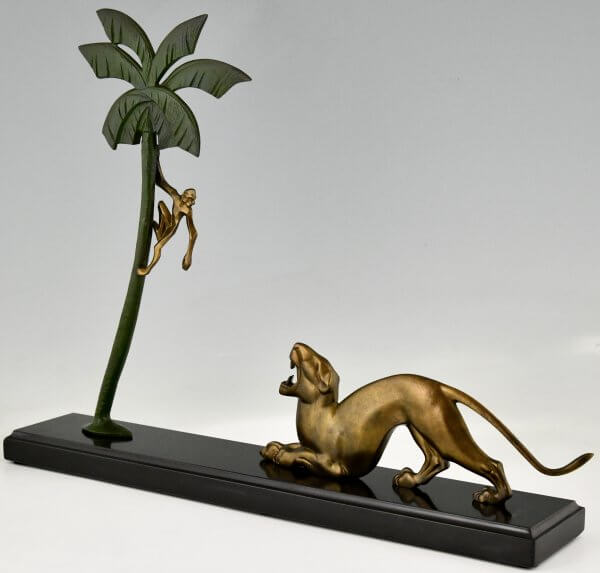 Art Deco bronzen sculptuur panter en aap