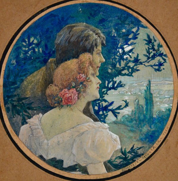 Art Nouveau watercolor painting of a couple in a landscape.