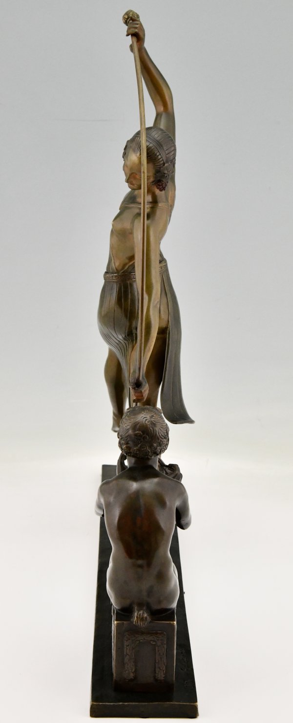 Art Deco bronze sculpture of a Thyrse dancer with faun