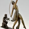 Art Deco bronze sculpture of a Thyrse dancer with faun