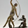 Art Deco bronze sculpture of a Thyrse dancer with faun