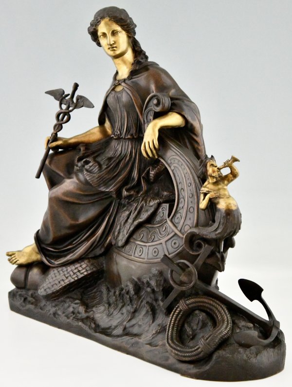 Antiek bronzen beeld vrouwe Fortuna, Allegorie van de zeehandel.