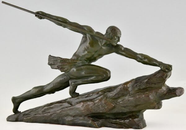 Art Deco Bronzen Sculptuur Atleet met Speer