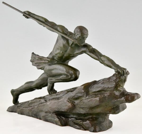 Art Deco Bronzen Sculptuur Atleet met Speer