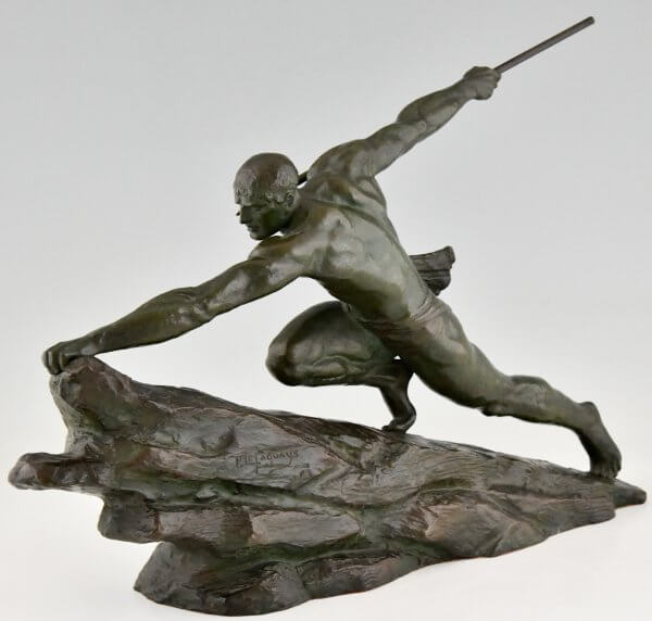 Art Deco Bronzen Sculptuur Atleet met Speer