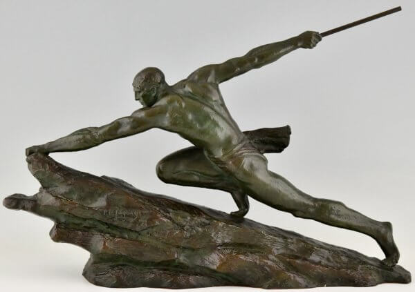 Art Deco Bronzen Sculptuur Atleet met Speer