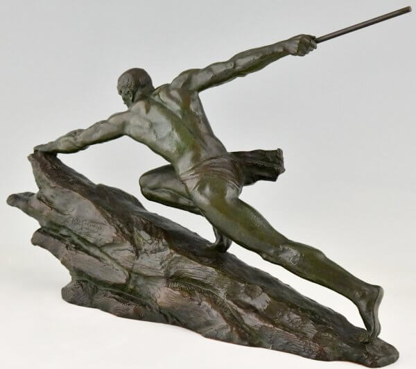 Art Deco Bronzen Sculptuur Atleet met Speer