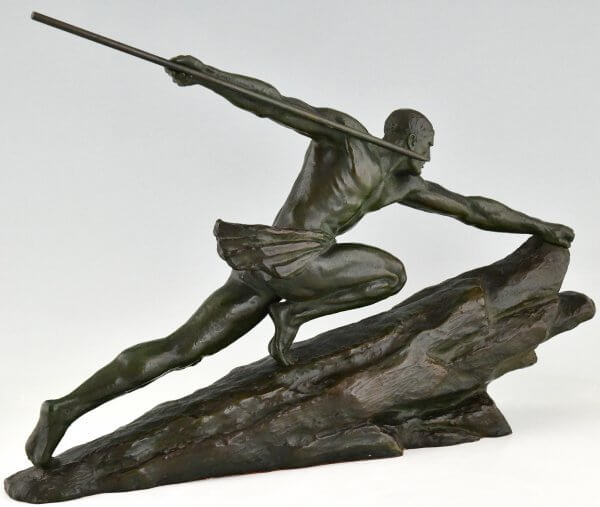 Art Deco Bronzen Sculptuur Atleet met Speer