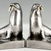 Art Deco verzilverde bronzen walrus boekensteunen