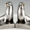 Art Deco silvered bronze walrus bookends