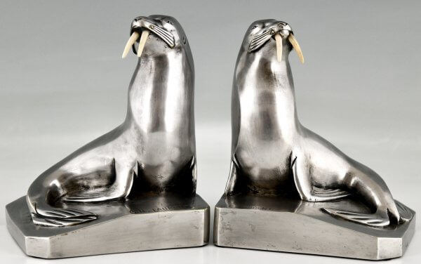 Art Deco silvered bronze walrus bookends