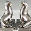 Art Deco silvered bronze walrus bookends