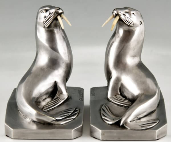 Art Deco silvered bronze walrus bookends