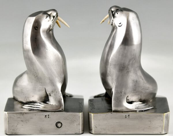 Art Deco silvered bronze walrus bookends