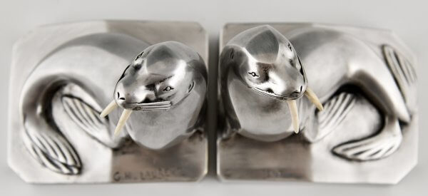 Art Deco silvered bronze walrus bookends