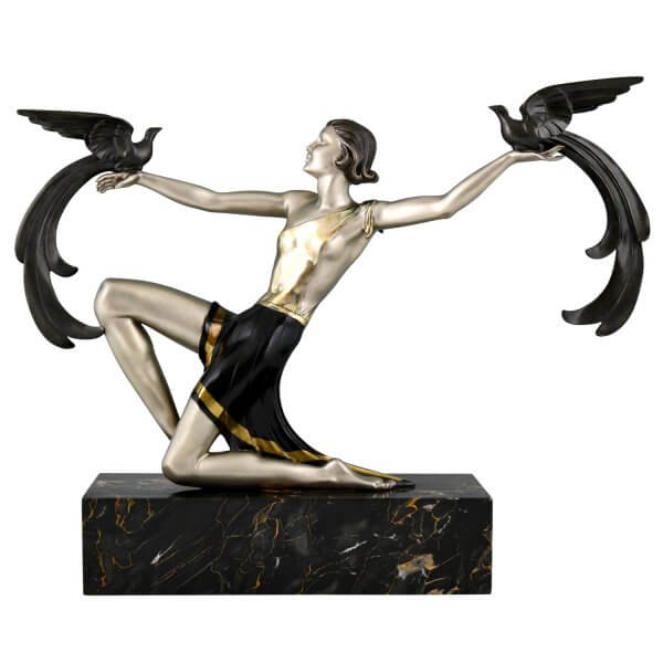 Art Deco sculpture Daverny lady and parrots