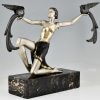 Art Deco bronzen sculptuur dame met paradijsvogels