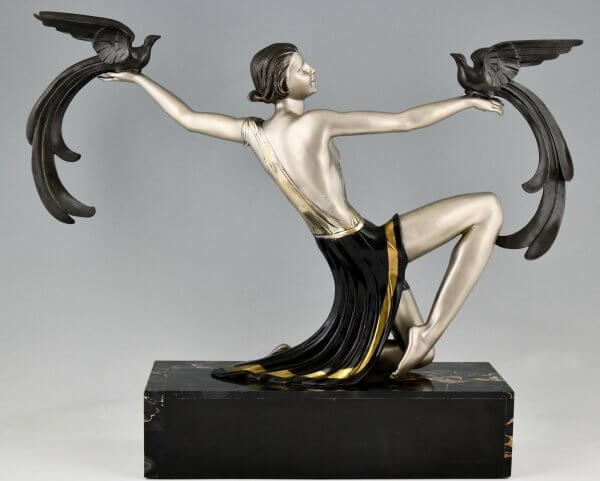 Art Deco bronze sculpture lady with birds of paradise.