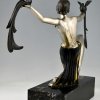 Art Deco bronzen sculptuur dame met paradijsvogels