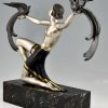 Art Deco bronzen sculptuur dame met paradijsvogels