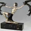 Art Deco bronzen sculptuur dame met paradijsvogels