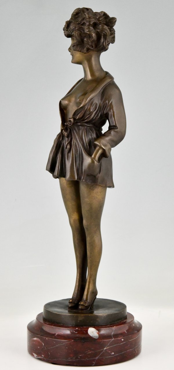 Art Deco erotic bronze nude in dressing gown.  