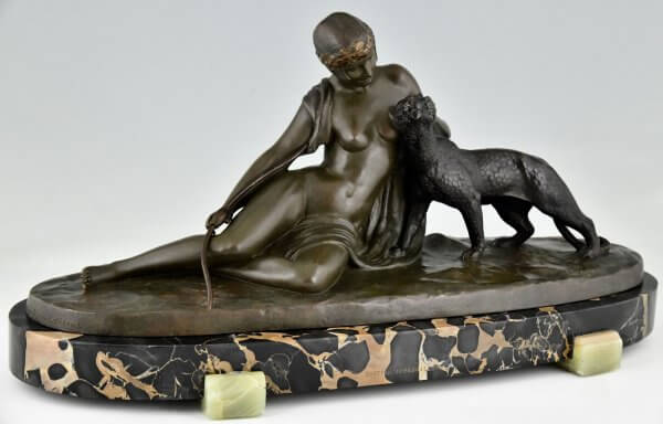 Art Deco Bronzeskulptur Frau mit Panther