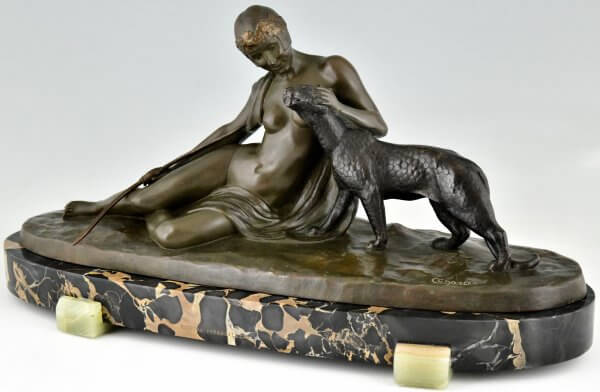 Art Deco bronzen sculptuur dame met panter