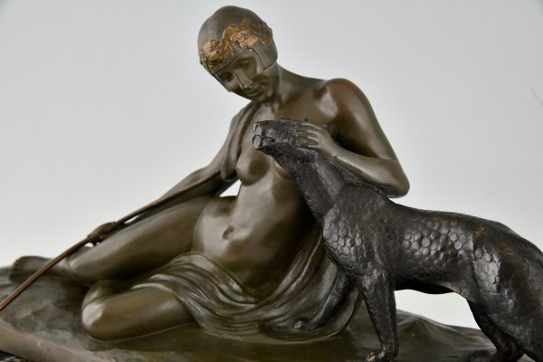 Art Deco bronzen sculptuur dame met panter