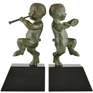 Claude Art Deco bronze bookends fauns
