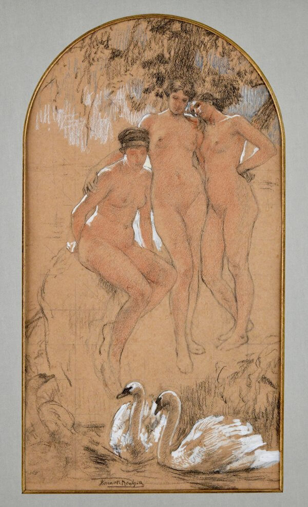 Art Nouveau gouache drawing three graces with swans. 