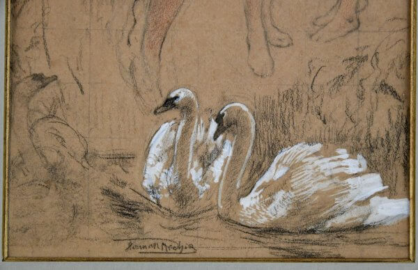 Art Nouveau gouache drawing three graces with swans.  