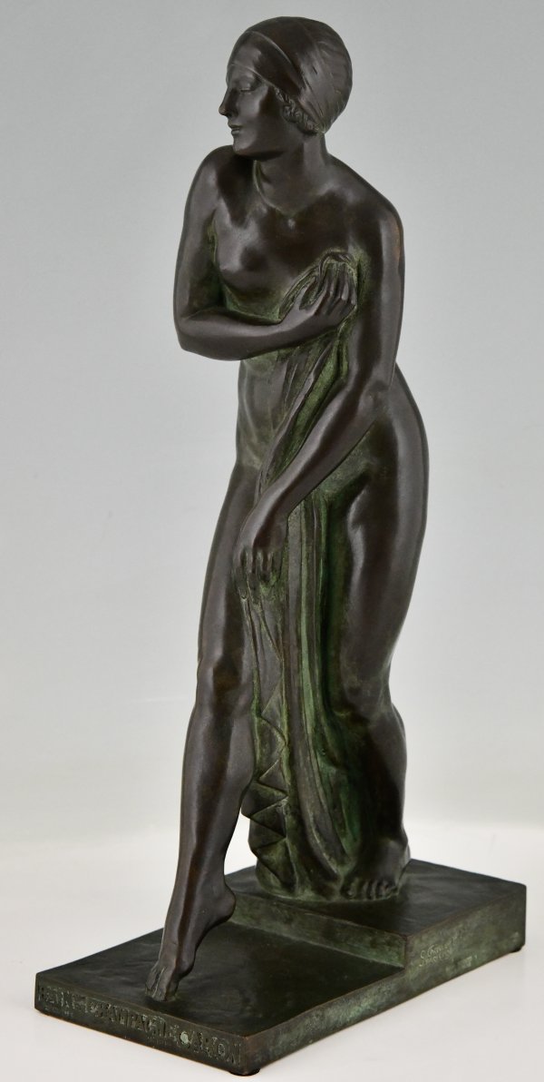 Art Deco bronze sculpture of a bathing nude.  