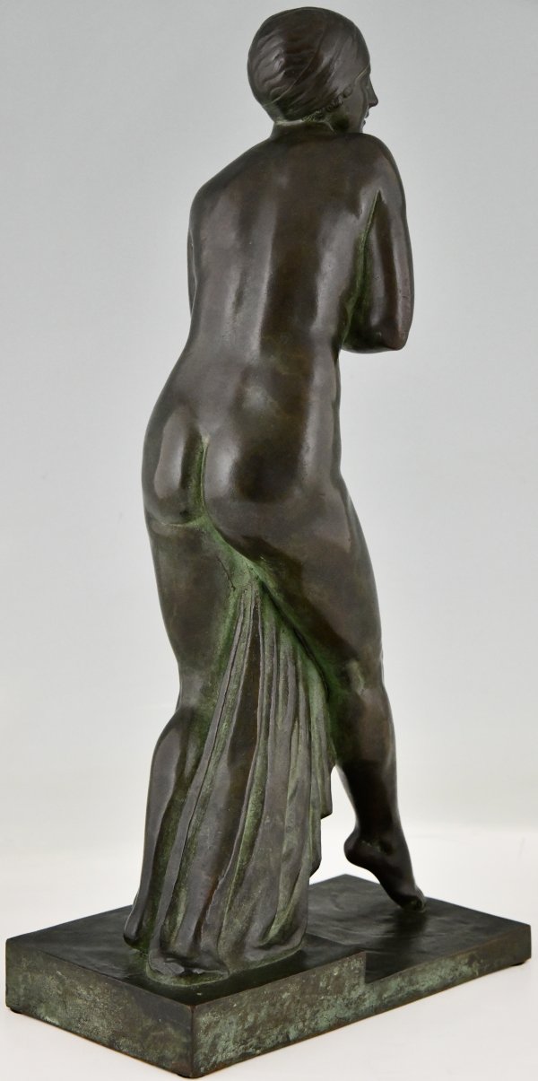 Art Deco bronzen sculptuur van een naakte baadster