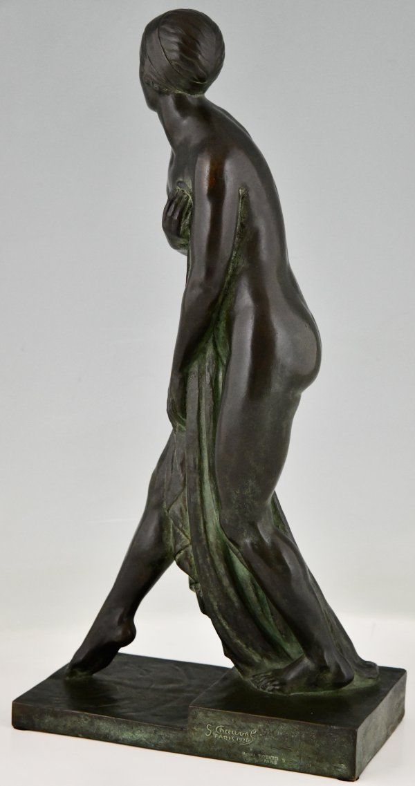 Art Deco bronzen sculptuur van een naakte baadster