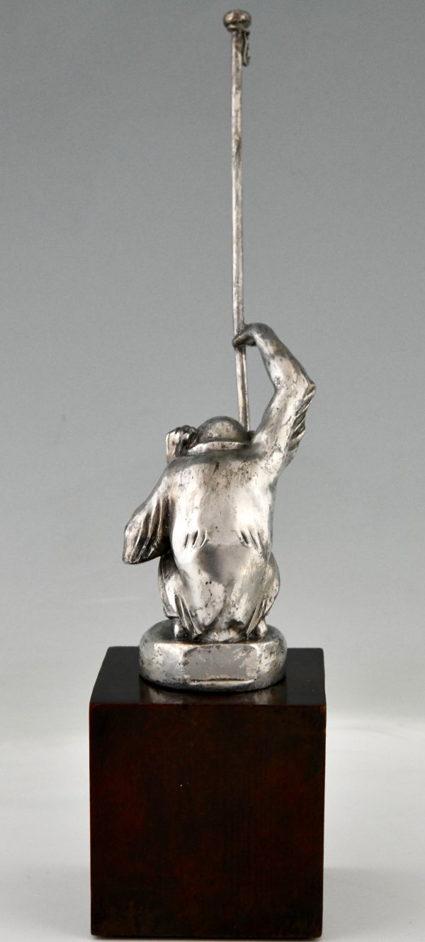 Art Deco monkey carmascot with flag pole.