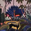 Art Deco painting of deer in a tropical forest.