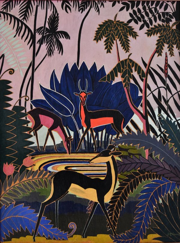Art Deco schilderij van herten in een tropisch woud.