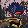 Art Deco painting of deer in a tropical forest.