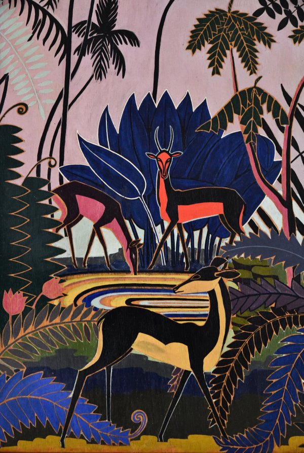 Art Deco Gemälde von Hirschen in einem tropischen Wald.