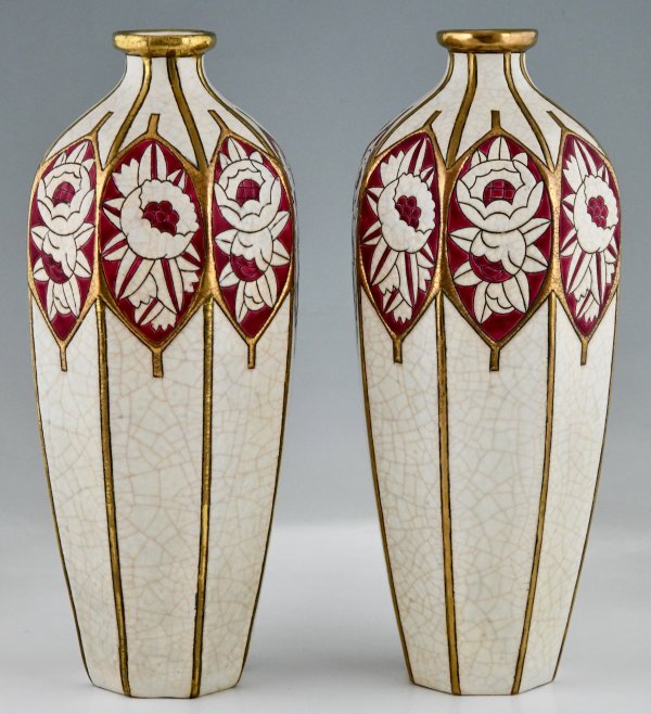 Pair of Art Deco ceramic vases with peonies and rozes.