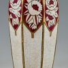 Paar Art Deco Keramikvasen mit stilisierten Pfingstrosen und Rosen