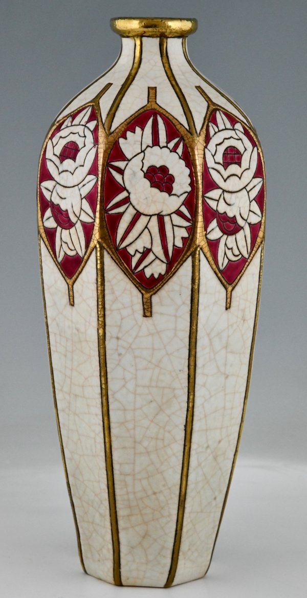 Pair of Art Deco ceramic vases with peonies and rozes.