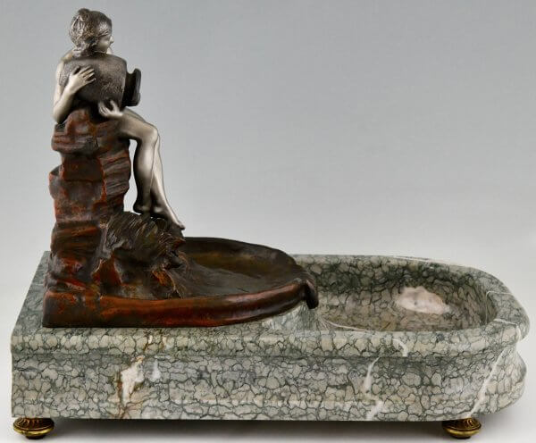 Art Nouveau bronze sculptural tray indoor fountain with nude