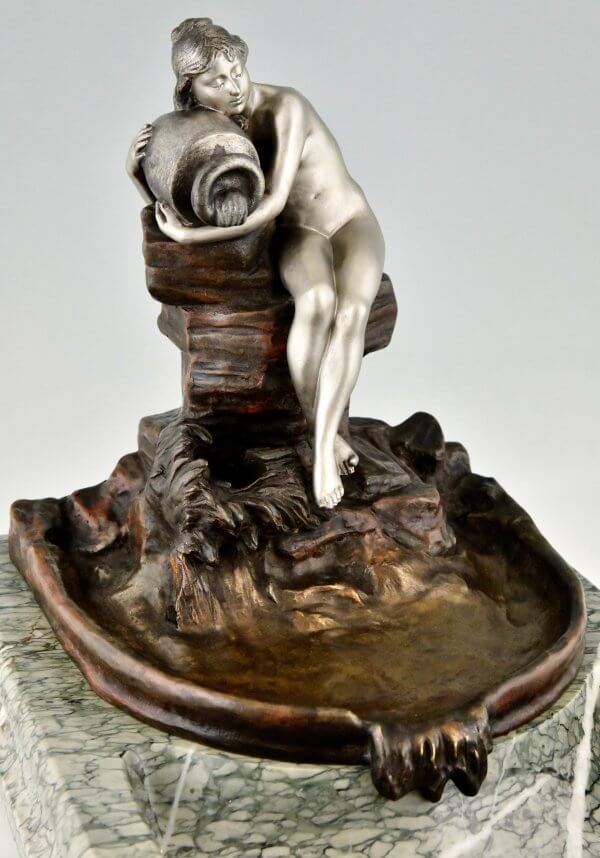 Art Nouveau bronze sculptural tray indoor fountain with nude