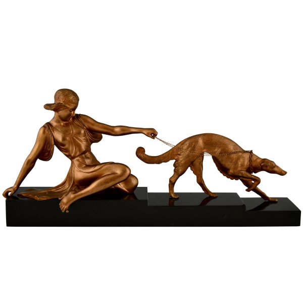 Art deco bronze Godard lady with dog